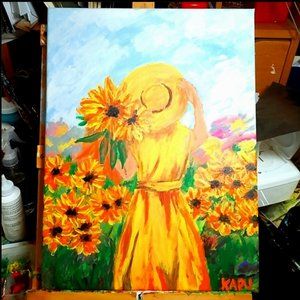 Yellow Dress in  Sunflower Field